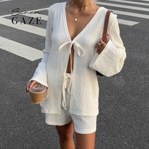 Knit Jacquard White Textured Tie-Front 2 piece summer Set